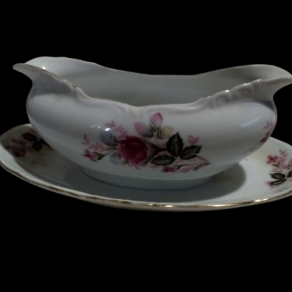 Vintage Japan, Harmony House Eugene Rose Floral Gravy Boat with Attached Saucer